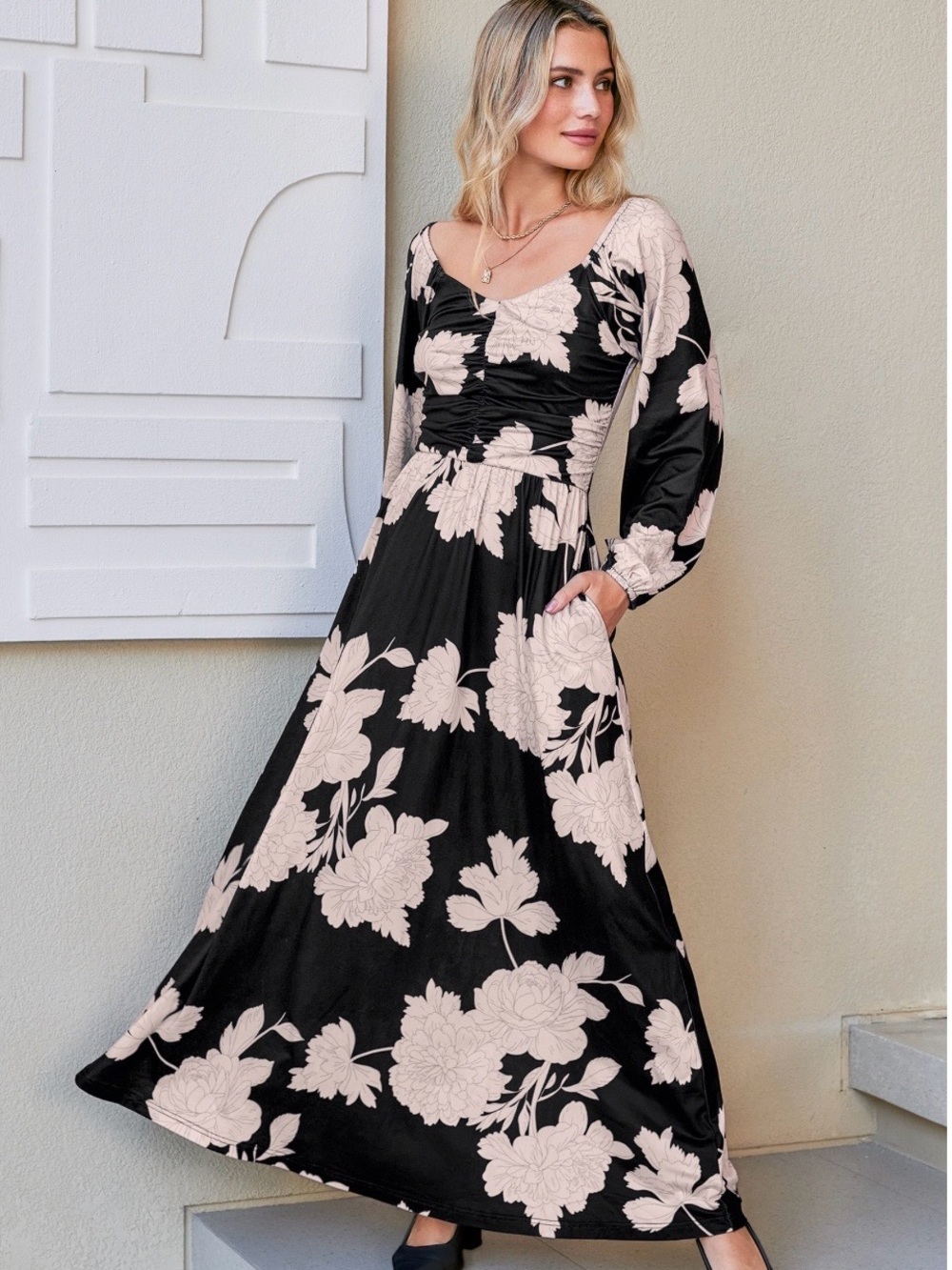 Floral Black and Pale Pink Maxi Dress